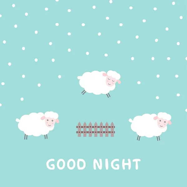 İyi geceler bebek kartı ve çitten atlayan sevimli koyunlar. Tatlı rüyalar posteri. Vektör illüstrasyonu Telifsiz Stok Illüstrasyonlar