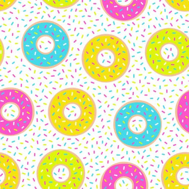 Donutlar pürüzsüz desen. Tatlı yiyecekler arka planda. Vektör illüstrasyonu.