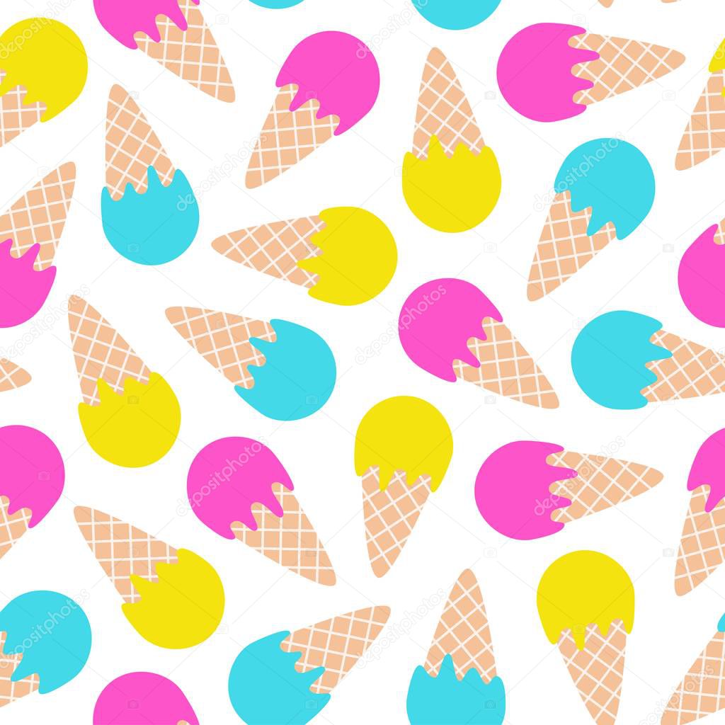 Iice cream pattern. Seamless pattern with ice-cream cone in tasty bright colors. Vector illustration.