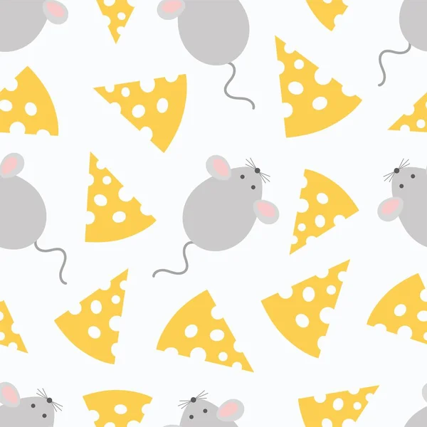 Cute mouse and cheese seamless pattern. Vector childish background for fabric, textile, wrapping. Symbol Chinese New Year 2020. — Stock Vector