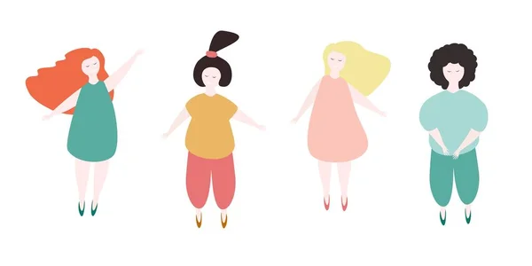 4 vrolijke plus size vrouwen. Lichaam positieve illustratie in cartoon stijl geïsoleerd op wit. Vectorillustratie. — Stockvector