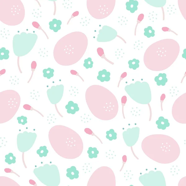 イースターエッグと花のシームレスかわいいパターン。ベクトル背景. — ストックベクタ