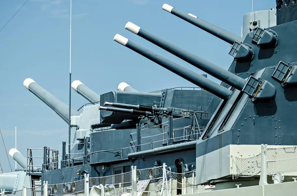 Closeup details of war ready artillery battleship — Stock Photo, Image