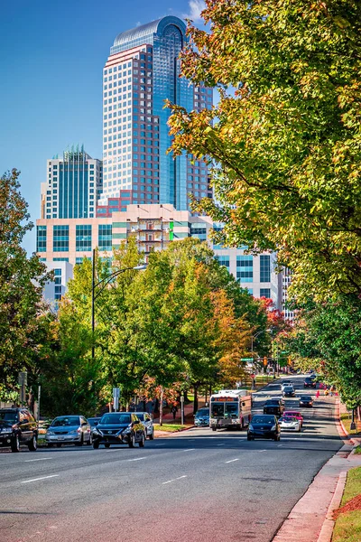 Ciudad Charlotte skyline de marshall park temporada de otoño con blu — Foto de Stock