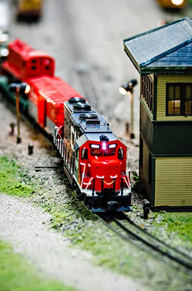 Miniature toy model train locomotives on display — Stock Photo, Image