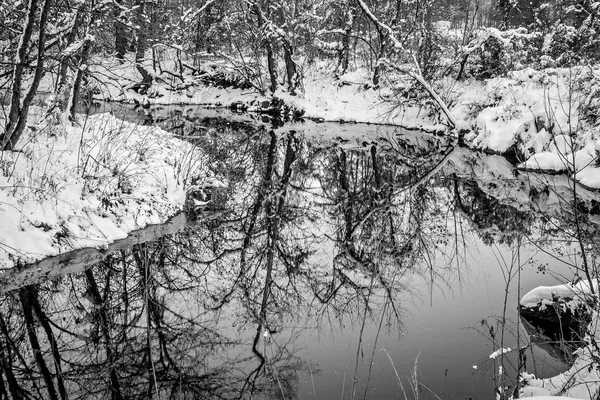 Śnieg i lód pokryte górskiego strumienia — Zdjęcie stockowe