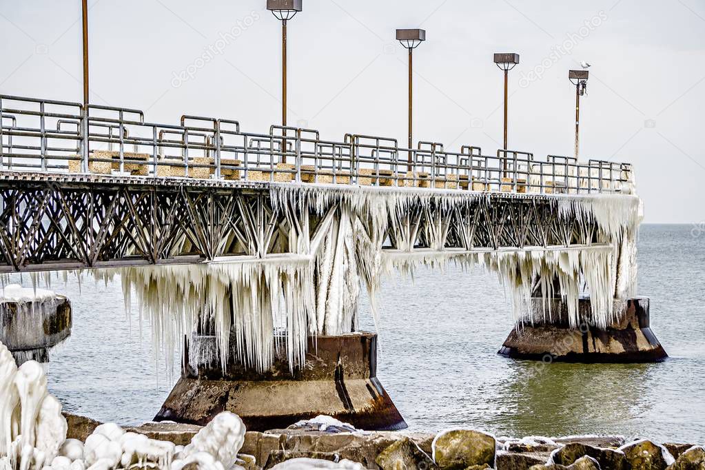 frozen pier on lake erie in cleveland ohio