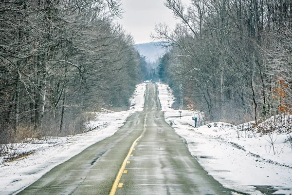 Langs bomen en boerderijen in michigan tijdens de winter — Stockfoto