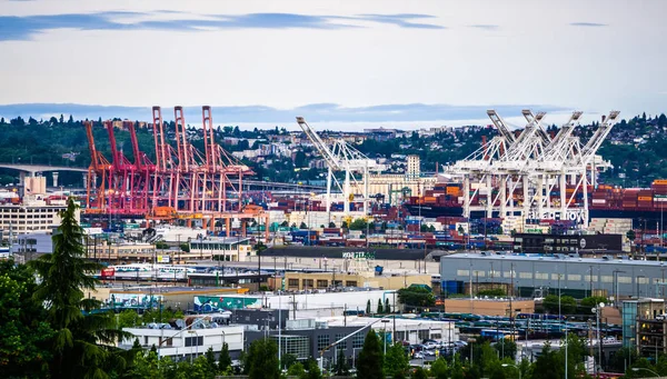 Puerto de Seattle con horizonte del centro temprano en la mañana — Foto de Stock