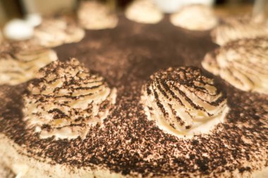 Çikolata kahve tiramisu pasta doğum günü için akşam yemeği masada