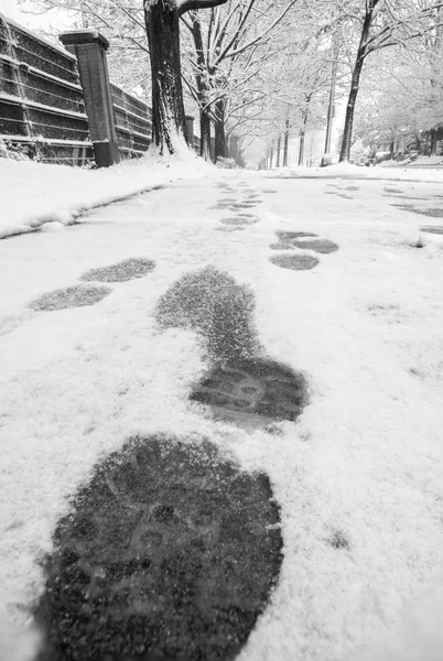 公園沿いの歩道に雪の足跡を見せる — ストック写真