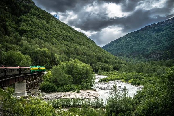 A passagem branca e a rota de Yukon no trem que passa através do lan vasto — Fotografia de Stock