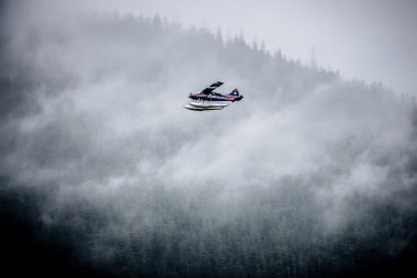 Tek Prop uçak Pontoon Plane Alask üzerinde sis üzerinden uçan