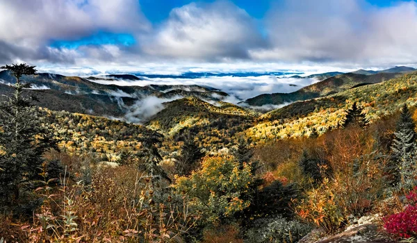 Early morning autumn foggy photo at blue ridge parkway north car — ストック写真