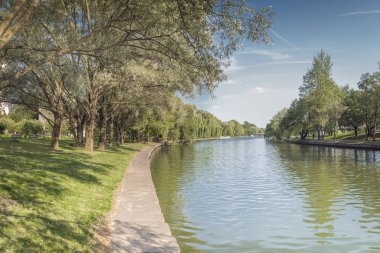 Şehir parkındaki nehir. Toprak seti boyunca ağaçlar. Güzellik doğası