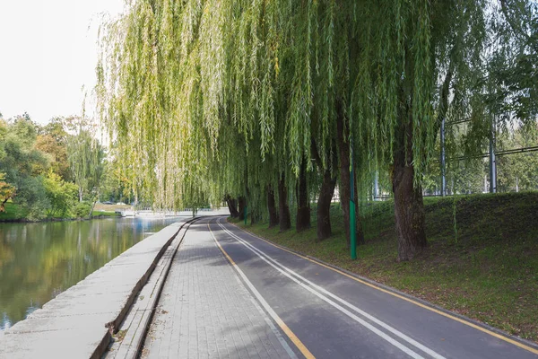 자전거 도로 가 공원에 있고, 강을 따라 푸른 나무들이 있습니다. 미 드 푸 — 스톡 사진