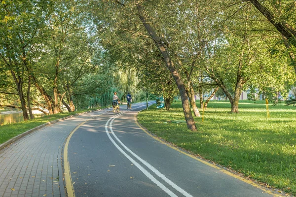 Cyklistická stezka v parku se zelenou trávou a stromy. Krásný summ — Stock fotografie