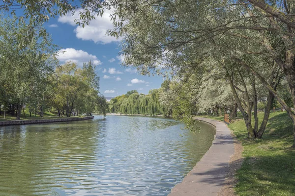 Río en el parque urbano. Hermoso paisaje de verano. Árboles de alo —  Fotos de Stock