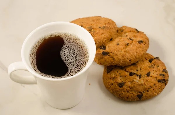 Xícara Café Biscoitos Com Chocolate Xícara Café Biscoitos Com Chocolate — Fotografia de Stock