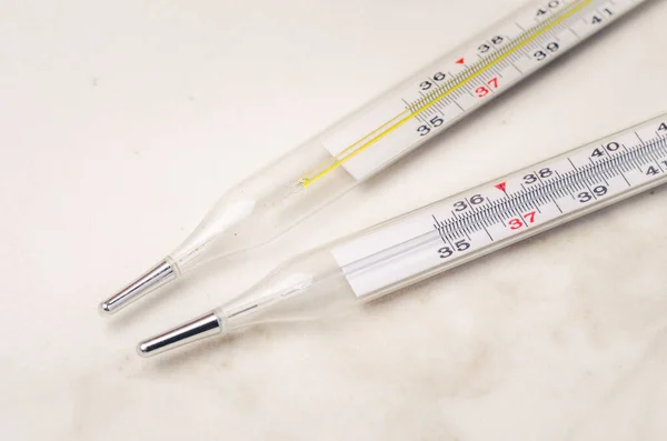 Two Thermometers White Background Medicine Subject Top View — Stockfoto
