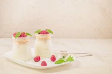 Tepside böğürtlen ve nane ile yoğurt tepside sağlıklı yaz yoğurdu tepside nane, seçici odak ve kopyalama alanı