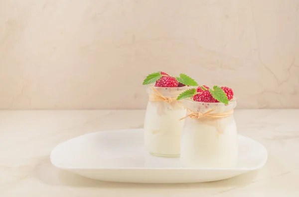 新鲜的自制酸奶 用新鲜的覆盆子和薄荷装饰 两个装有新鲜自制覆盆子和薄荷的玻璃瓶 有选择性地聚焦和复制空间 — 图库照片