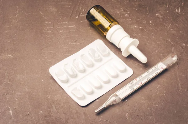 Drug Spray Bottle Pills Packages Thermometer Black Background Drug Spray — Stockfoto