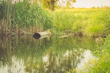 Ekoloji kavramı: kanalizasyondan nehre akan su / kanalizasyon borusu nehre dökülüyor