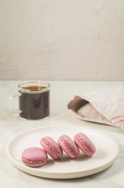 Sweet Macaroons Macaron White Bowl Coffee Glass White Table French — Stock Photo, Image