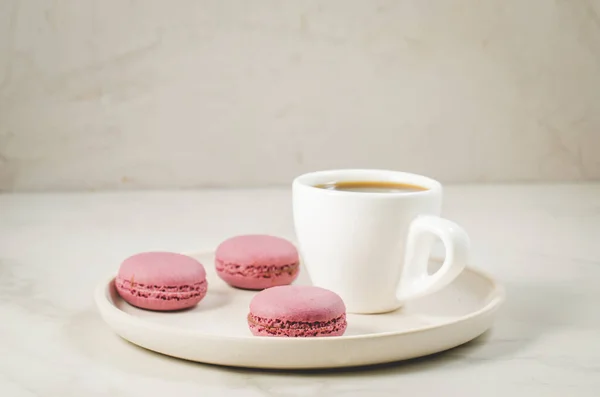 Sweet Macaroons Macaron White Bowl Coffee Cup White Background French — Stock Photo, Image
