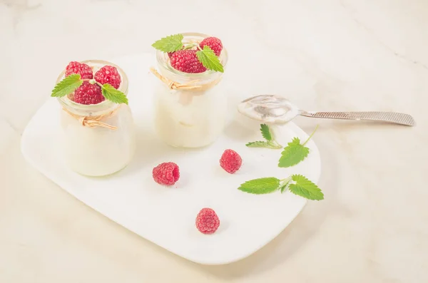 白盘上夹着覆盆子和薄荷糖的酸奶 — 图库照片