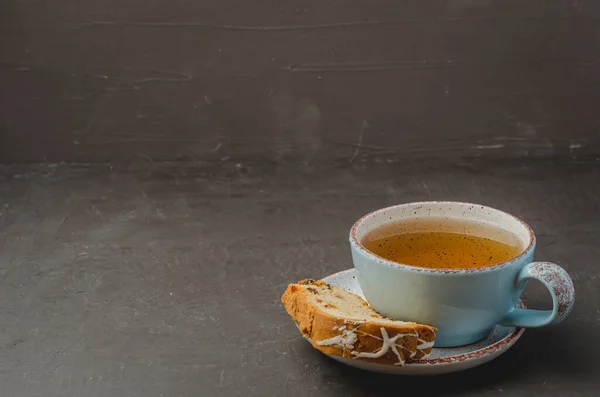 Tasse Thé Pâtisseries Pièce Sur Table Pierre Sombre Espace Copie — Photo