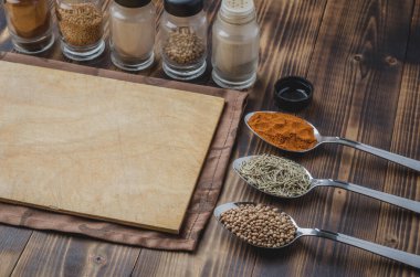 Çeşitli baharatlar, ahşap masa arkaplanı üzerine tahta kesme.. 
