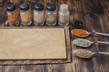 Kaşıklar içinde çeşitli baharatlar, yuvarlak kesim tahtaları ve ahşap arka planda pişirme aletleri..