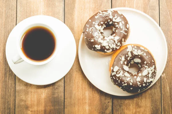 Sütsüz Kahve Çikolata Jöleli Bir Donat Biraz Ara Verelim Ahşap — Stok fotoğraf