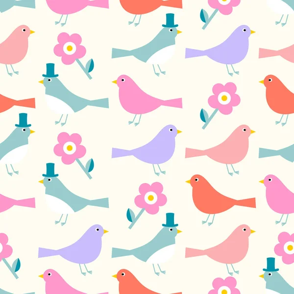 Patrón lindo floral con pájaros, impresión de estilo retro y fondo festivo para bebé y niño — Vector de stock