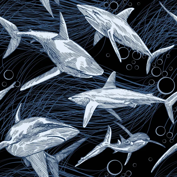 Žraločí vektorový vzor s ručně kreslenými mořskými rybami, současným pozadím a potiskem — Stockový vektor