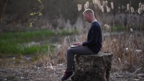 Man Het Bos Aan Het Werk Laptop — Stockvideo