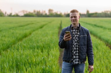 Yeşil alanda telefonu olan bir adam.
