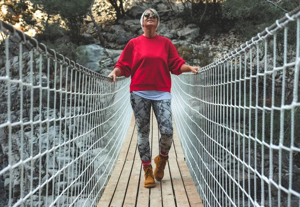 Adult Woman Standing Hanging Wooden Bridge Nature Female Hiker Goynuk Stock Photo