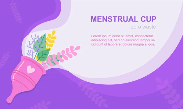 Menstruációs Időszak Kupa Koncepció Banner Lila Színű Háttér Levelek Fehér — Stock Vector