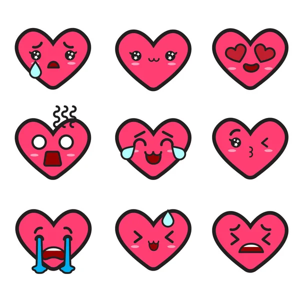 Kawaii Corações Emoticons Definido Corações Cor Rosa Com Olhos Bonitos — Vetor de Stock