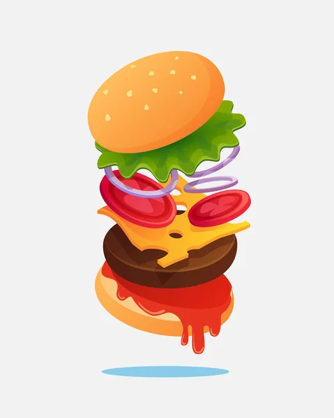 飞行汉堡 爆炸汉堡包新鲜配料 带飞行配料的汉堡黄油 西红柿 为了一个垂直的海报 矢量说明 — 图库矢量图片