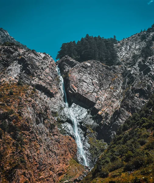 Tepesinde ağaçlar olan güzel dağ şelalesi manzarası 