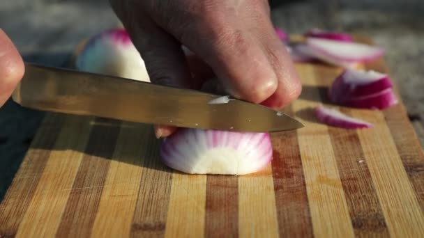 Cebolla manos cortadas cuchillo cocinar alimentos — Vídeos de Stock