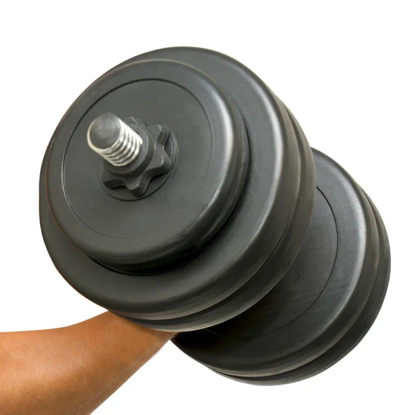 Hand holding black dumbbell isolated on white — Stock Photo, Image