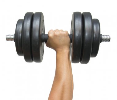 el siyah üzerine beyaz izole dumbbell tutarak