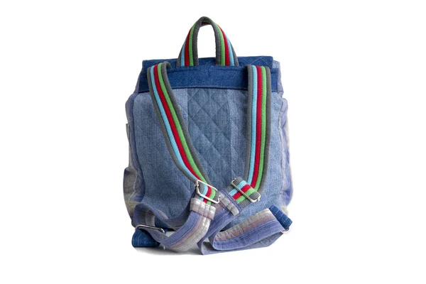 Μπλε σχολική τσάντα πλάτης απομονωθεί σε λευκό φόντο, ΠΙΣΩ ΟΨΗ — Φωτογραφία Αρχείου