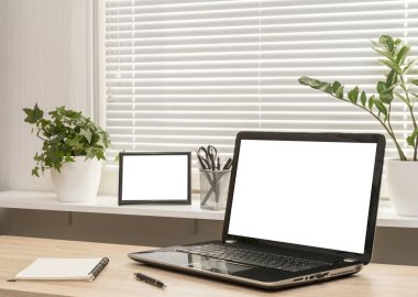 Modern çalışma alanı ile sahte kadar dizüstü bilgisayar masası, iş Resepsiyon alanı dosyaları, kitap, kalem, fotoğraf çerçevesi houseplant ve malzemeleri.