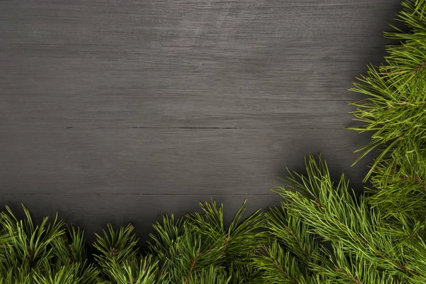 Moldura de Natal em fundo de madeira preta com ramos de abeto de pinheiro naturais. Layout para design de Natal — Fotografia de Stock